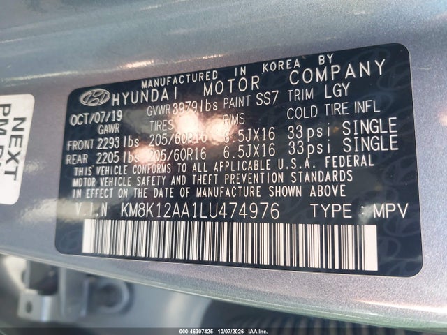 46307425 :رقم المزاد ، KM8K12AA1LU474976 vin ، 2020 Hyundai Kona Se مزاد بيع