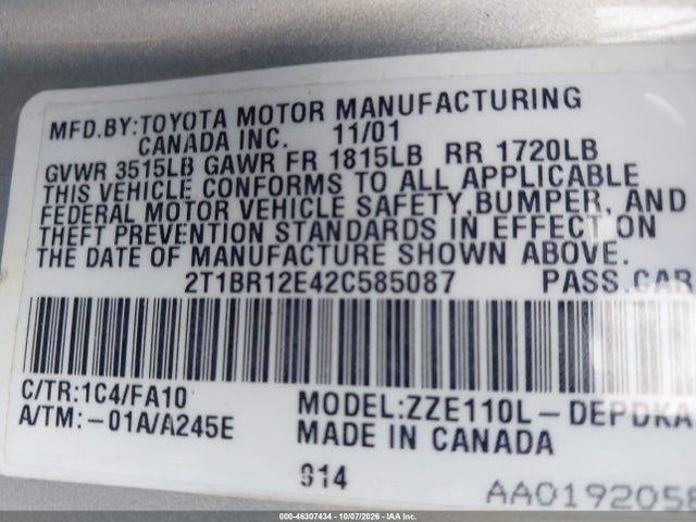 46307434 :رقم المزاد ، 2T1BR12E42C585087 vin ، 2002 Toyota Corolla Le مزاد بيع