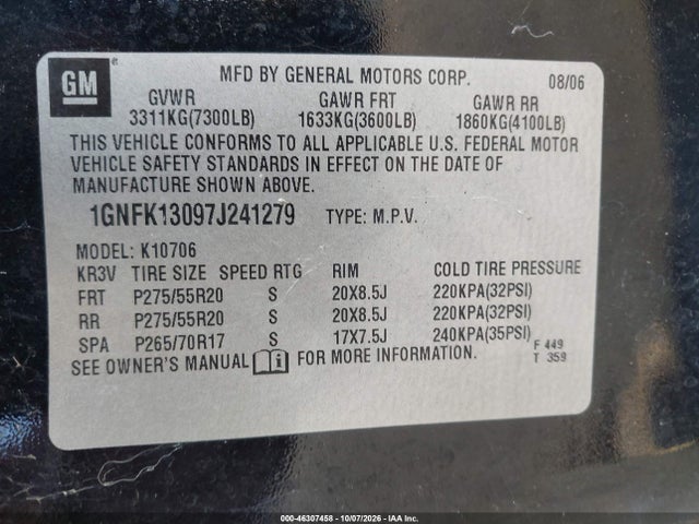 Aukcja sprzedaży 2007 Chevrolet Tahoe Ltz, vin: 1GNFK13097J241279, numer aukcji: 46307458