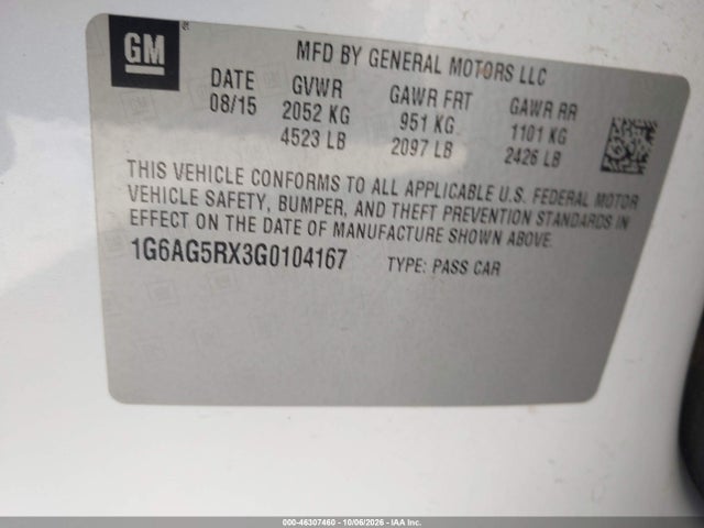2016 Cadillac Ats Standard მანქანა იყიდება აუქციონზე, vin: 1G6AG5RX3G0104167, აუქციონის ნომერი: 46307460