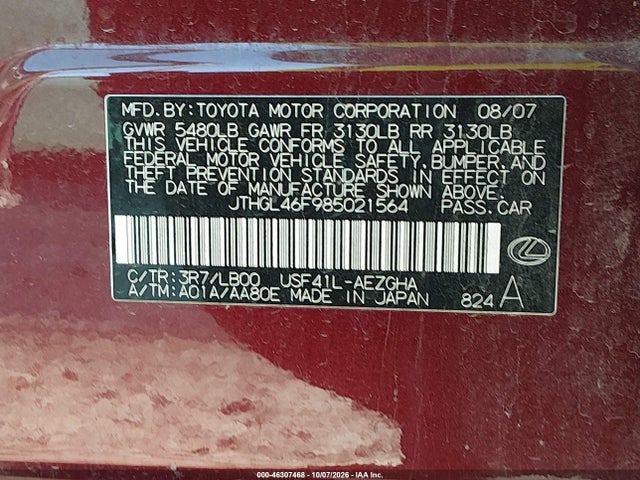 Aukcja sprzedaży 2008 Lexus Ls 460 L, vin: JTHGL46F985021564, numer aukcji: 46307468