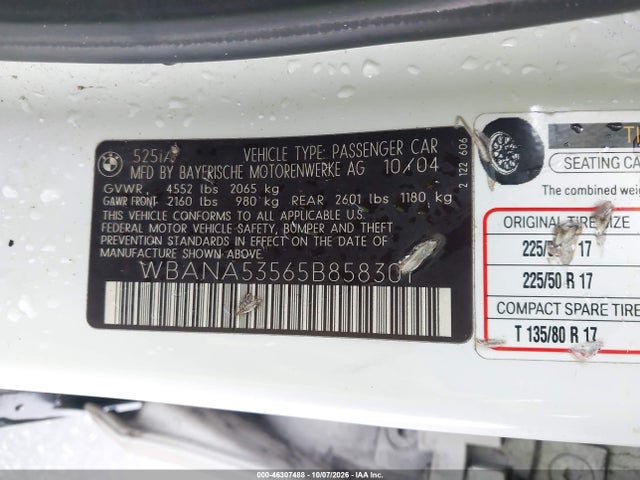Aukcja sprzedaży 2005 Bmw 525i, vin: WBANA53565B858301, numer aukcji: 46307488