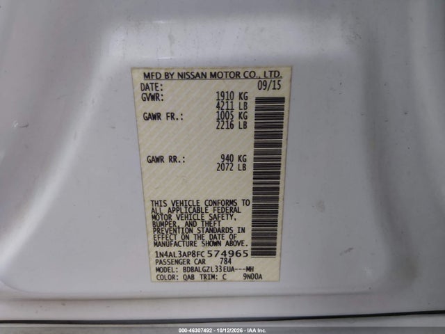Aukcja sprzedaży 2015 Nissan Altima 2.5/s/sv/sl, vin: 1N4AL3AP8FC574965, numer aukcji: 46307492