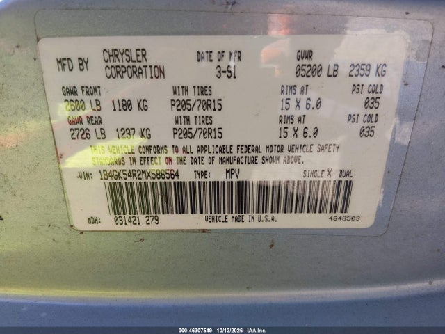46307549 :رقم المزاد ، 1B4GK54R2MX586564 vin ، 1991 Dodge Grand Caravan Le مزاد بيع