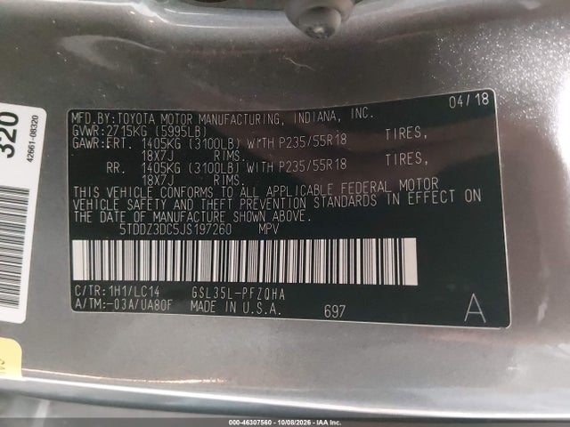 46307560 :رقم المزاد ، 5TDDZ3DC5JS197260 vin ، 2018 Toyota Sienna Xle 7 Passenger مزاد بيع