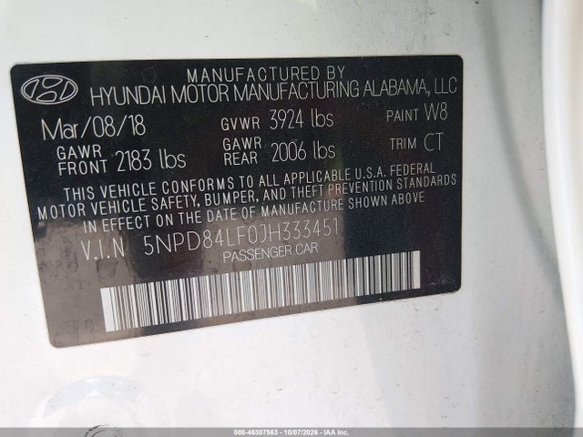 Продажа на аукционе авто 2018 Hyundai Elantra Sel, vin: 5NPD84LF0JH333451, номер лота: 46307563