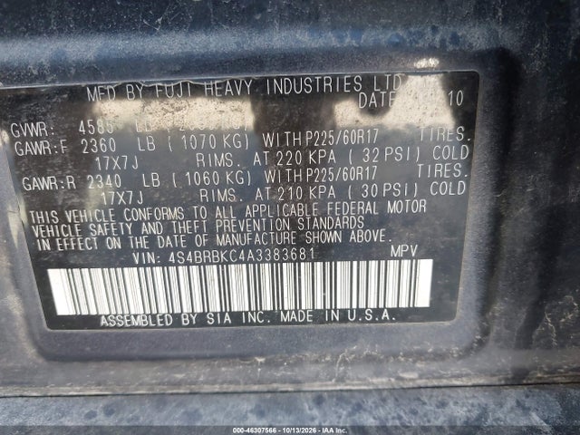 Продажа на аукционе авто 2010 Subaru Outback 2.5i Limited, vin: 4S4BRBKC4A3383681, номер лота: 46307566