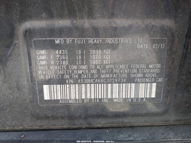 2012 Subaru Legacy 2.5i მანქანა იყიდება აუქციონზე, vin: 4S3BMCA66C3029734, აუქციონის ნომერი: 46307570