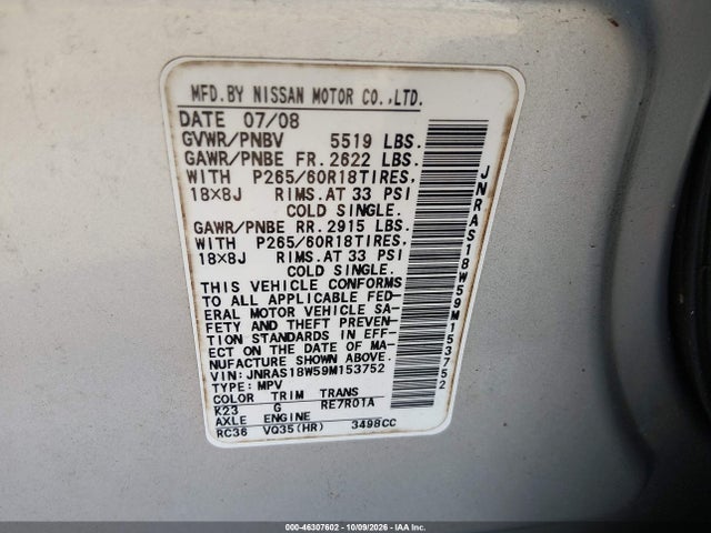46307602 :رقم المزاد ، JNRAS18W59M153752 vin ، 2009 Infiniti Fx35 مزاد بيع