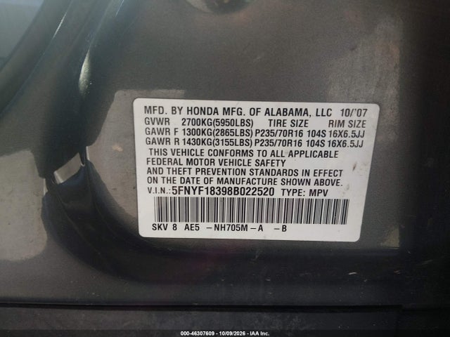 Продажа на аукционе авто 2008 Honda Pilot Se, vin: 5FNYF18398B022520, номер лота: 46307609