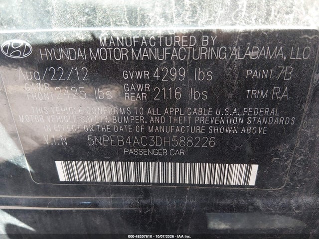 Продаж на аукціоні авто 2013 Hyundai Sonata Gls, vin: 5NPEB4AC3DH588226, номер лоту: 46307610