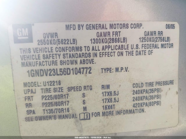 Продаж на аукціоні авто 2006 Chevrolet Uplander Ls, vin: 1GNDV23L56D104772, номер лоту: 46307670