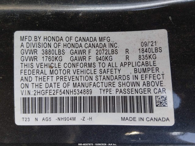 Honda Civic Sport 2022 2HGFE2F54NH534889 Image 9