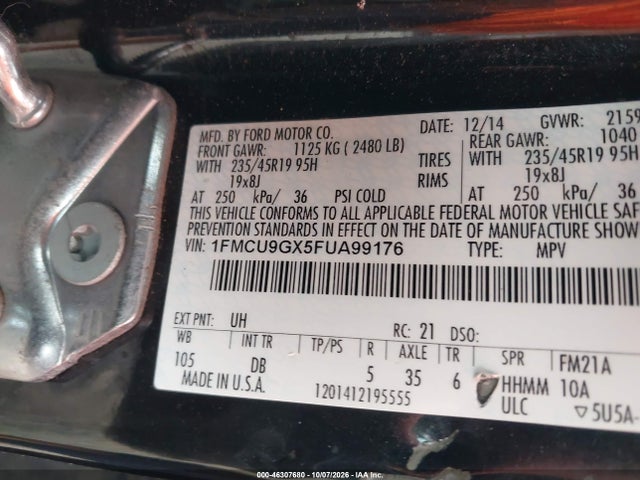 2015 Ford Escape Se მანქანა იყიდება აუქციონზე, vin: 1FMCU9GX5FUA99176, აუქციონის ნომერი: 46307680