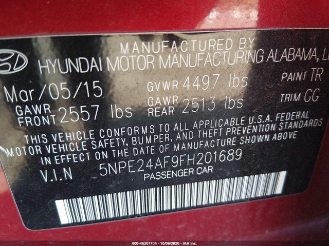 46307704 :رقم المزاد ، 5NPE24AF9FH201689 vin ، 2015 Hyundai Sonata Se مزاد بيع