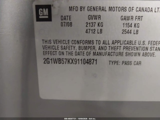 2009 Chevrolet Impala Ls მანქანა იყიდება აუქციონზე, vin: 2G1WB57KX91104871, აუქციონის ნომერი: 46307721