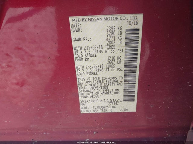 Продажа на аукционе авто 2017 Nissan Murano Sv, vin: 5N1AZ2MH0HN115021, номер лота: 46307732