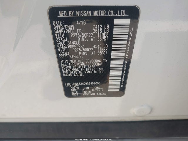 Aukcja sprzedaży 2016 Infiniti Qx80 Limited, vin: JN8AZ2NC9G9402098, numer aukcji: 46307771