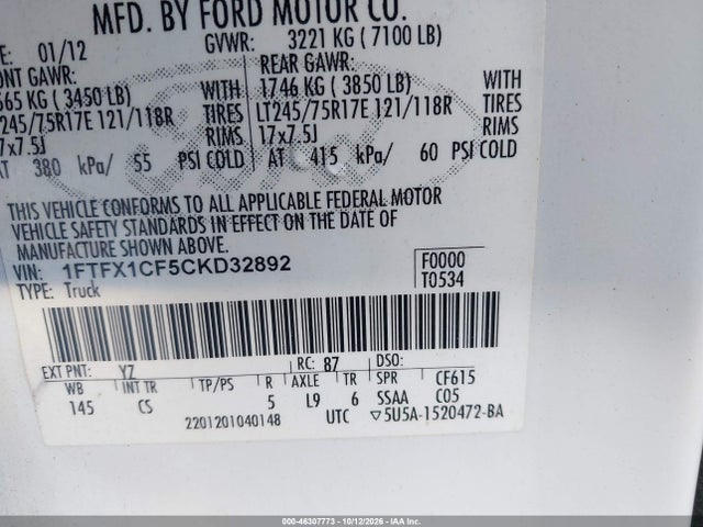 Продажа на аукционе авто 2012 Ford F-150 Xl, vin: 1FTFX1CF5CKD32892, номер лота: 46307773