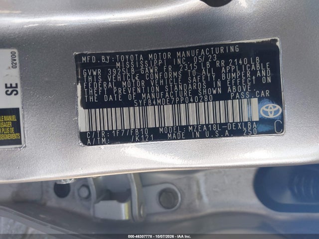 46307778 :رقم المزاد ، 5YFB4MDE7PP040280 vin ، 2023 Toyota Corolla Le مزاد بيع