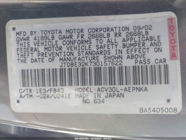 Aukcja sprzedaży 2003 Toyota Camry Le, vin: JTDBE32K730157622, numer aukcji: 46307804
