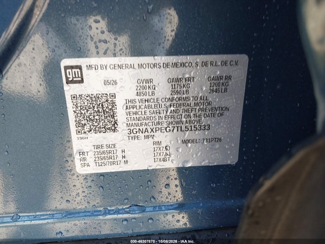 Продаж на аукціоні авто 2026 Chevrolet Equinox Awd Lt, vin: 3GNAXPEG7TL515333, номер лоту: 46307870