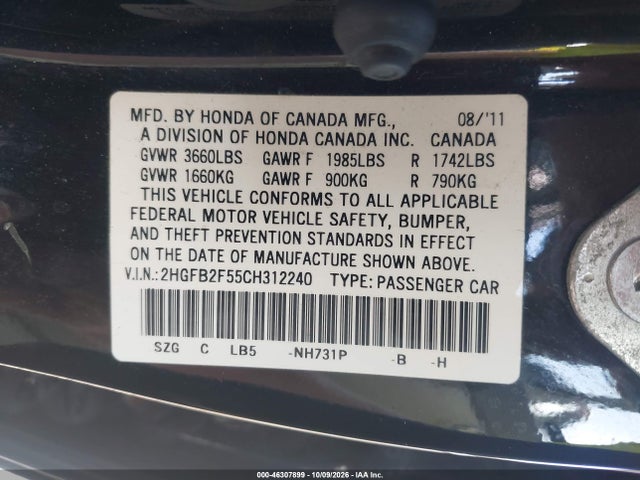 46307899 :رقم المزاد ، 2HGFB2F55CH312240 vin ، 2012 Honda Civic Lx مزاد بيع