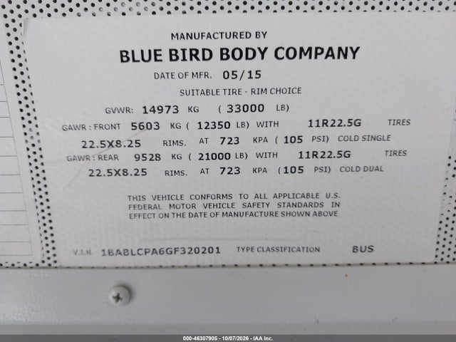 46307905 :رقم المزاد ، 1BABLCPA6GF320201 vin ، 2016 Blue Bird School Bus / Transit Bus مزاد بيع