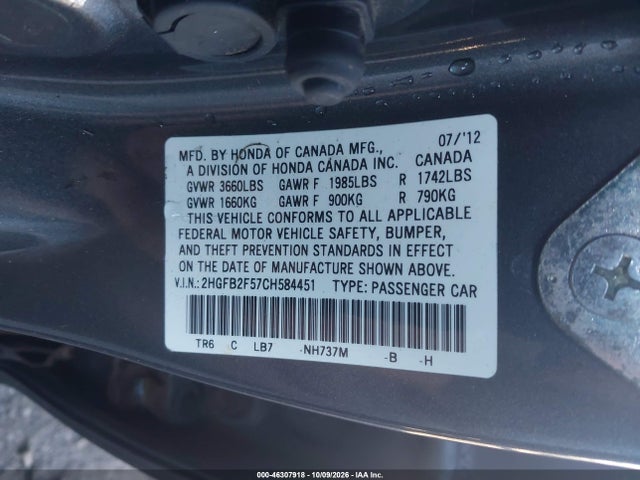 Aukcja sprzedaży 2012 Honda Civic Lx, vin: 2HGFB2F57CH584451, numer aukcji: 46307918