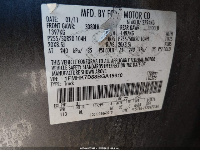 2011 Ford Explorer Xlt მანქანა იყიდება აუქციონზე, vin: 1FMHK7D88BGA15910, აუქციონის ნომერი: 46307947