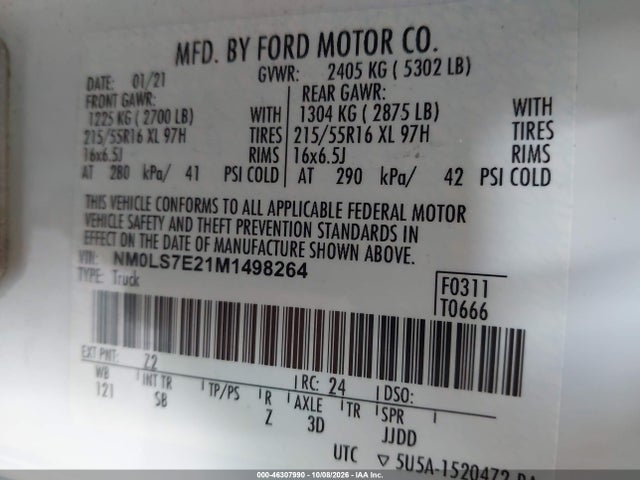 46307990 :رقم المزاد ، NM0LS7E21M1498264 vin ، 2021 Ford Transit Connect Xl مزاد بيع