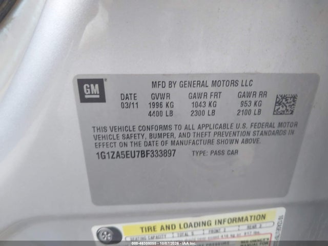 46308055 :رقم المزاد ، 1G1ZA5EU7BF333897 vin ، 2011 Chevrolet Malibu Ls مزاد بيع
