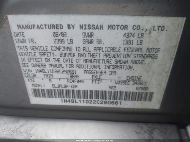 Продажа на аукционе авто 2002 Nissan Altima 3.5 Se, vin: 1N4BL11D22C290661, номер лота: 46308085