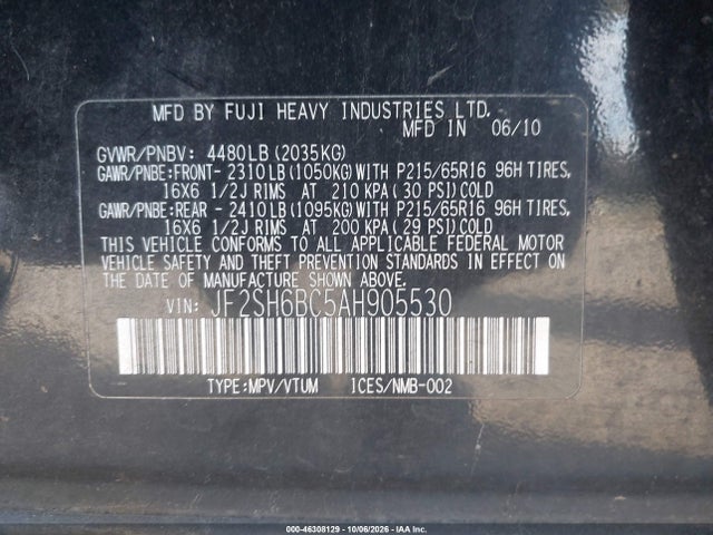 Продажа на аукционе авто 2010 Subaru Forester 2.5x, vin: JF2SH6BC5AH905530, номер лота: 46308129