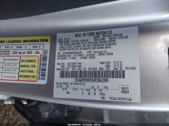 Продаж на аукціоні авто 2013 Ford Fusion Se, vin: 3FA6P0HR9DR386289, номер лоту: 46308155