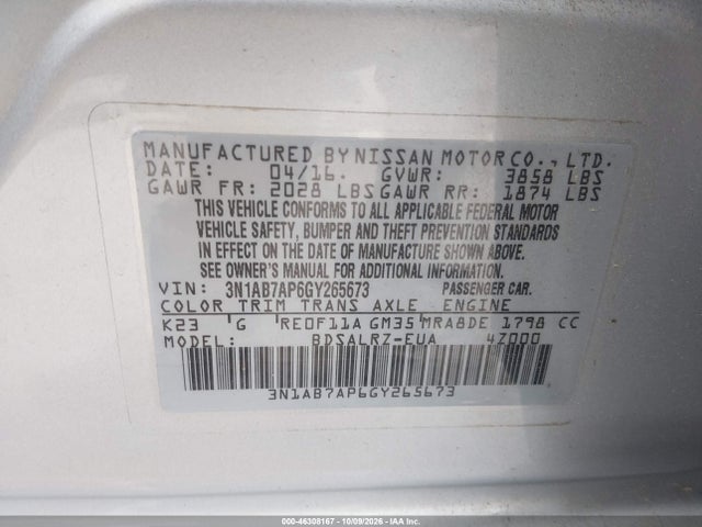 Aukcja sprzedaży 2016 Nissan Sentra Sr, vin: 3N1AB7AP6GY265673, numer aukcji: 46308167