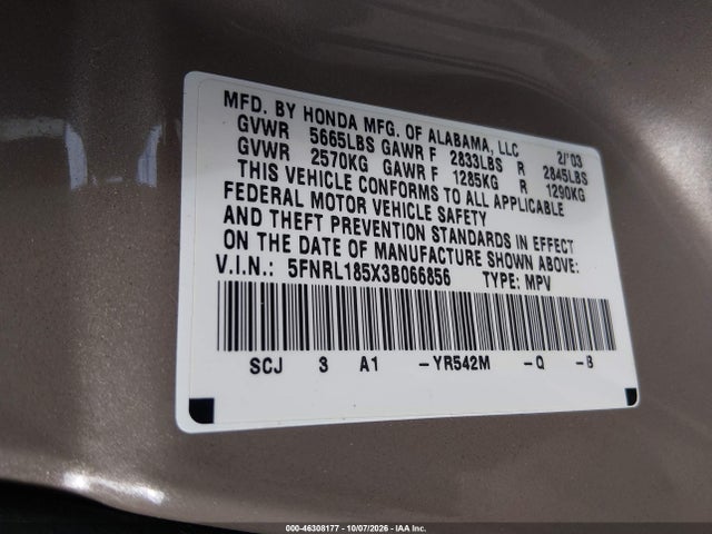 46308177 :رقم المزاد ، 5FNRL185X3B066856 vin ، 2003 Honda Odyssey Lx مزاد بيع
