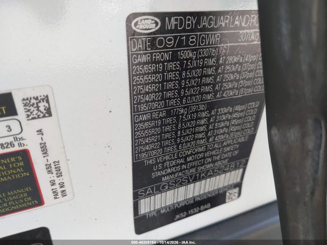 Aukcja sprzedaży 2019 Land Rover Range Rover 3.0l V6 Supercharged Hse, vin: SALGS2SV1KA524812, numer aukcji: 46308184