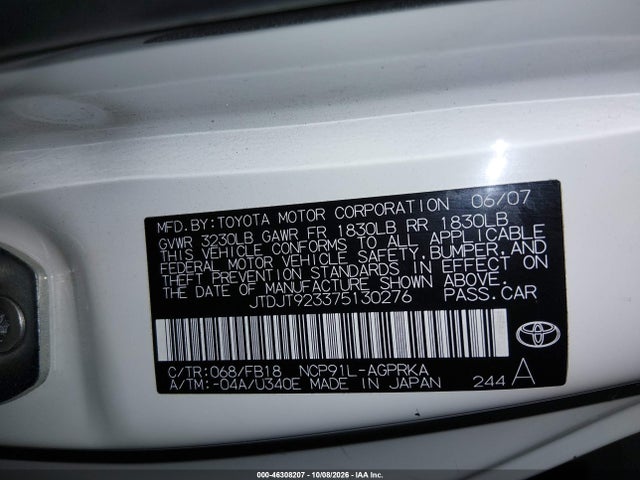 Aukcja sprzedaży 2007 Toyota Yaris, vin: JTDJT923375130276, numer aukcji: 46308207