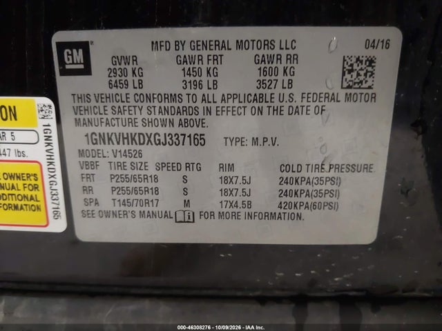 Aukcja sprzedaży 2016 Chevrolet Traverse 2lt, vin: 1GNKVHKDXGJ337165, numer aukcji: 46308276