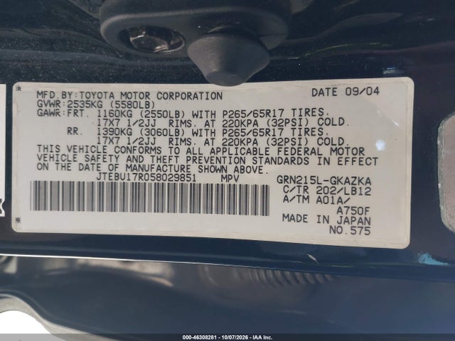 Aukcja sprzedaży 2005 Toyota 4runner Limited V6, vin: JTEBU17R058029851, numer aukcji: 46308281