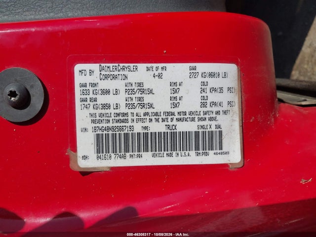 2002 Dodge Dakota Slt მანქანა იყიდება აუქციონზე, vin: 1B7HG48N92S667193, აუქციონის ნომერი: 46308317