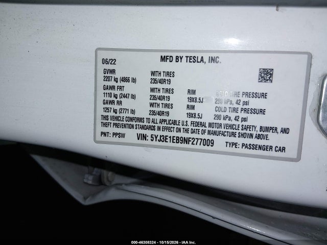 Tesla Model 3 Long Range Dual Motor All-wheel Drive 2022 5YJ3E1EB9NF277009 Image 9