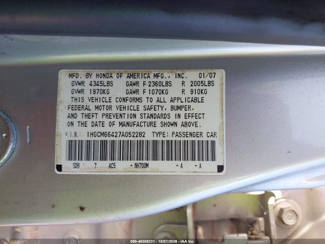 Aukcja sprzedaży 2007 Honda Accord 3.0 Se, vin: 1HGCM66427A052282, numer aukcji: 46308331