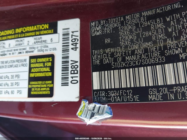 46308348 :رقم المزاد ، 5TDZK23CX7S006933 vin ، 2007 Toyota Sienna Le مزاد بيع