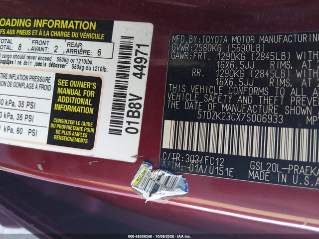 46308348 :رقم المزاد ، 5TDZK23CX7S006933 vin ، 2007 Toyota Sienna Le مزاد بيع