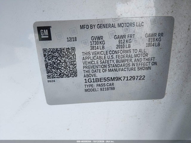 46308354 :رقم المزاد ، 1G1BE5SM9K7129722 vin ، 2019 Chevrolet Cruze Lt مزاد بيع
