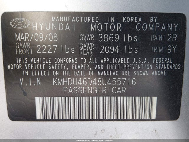 Aukcja sprzedaży 2008 Hyundai Elantra Gls/se, vin: KMHDU46D48U455716, numer aukcji: 46308400