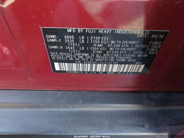 Subaru Outback 2.5i Premium 2016 4S4BSACC4G3342182 Image 9