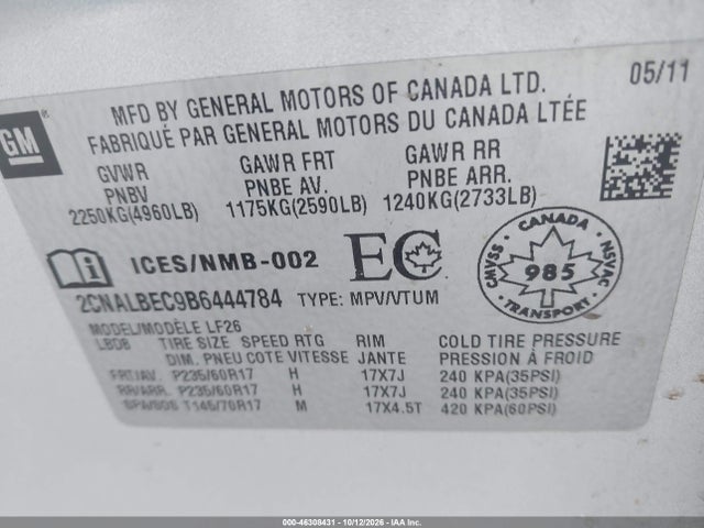 46308431 :رقم المزاد ، 2CNALBEC9B6444784 vin ، 2011 Chevrolet Equinox Ls مزاد بيع